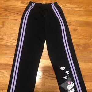 NEW Kuromi by Sanrio Black Purple Stripe Logo Wide Straight Leg Sweatpants XS